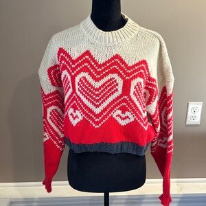 Free People Red and Cream Heart Pattern Sweater